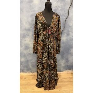 Bohme Maxi Dress Black Floral Print V-Neck Long Sleeve Tiered Bohemian XL